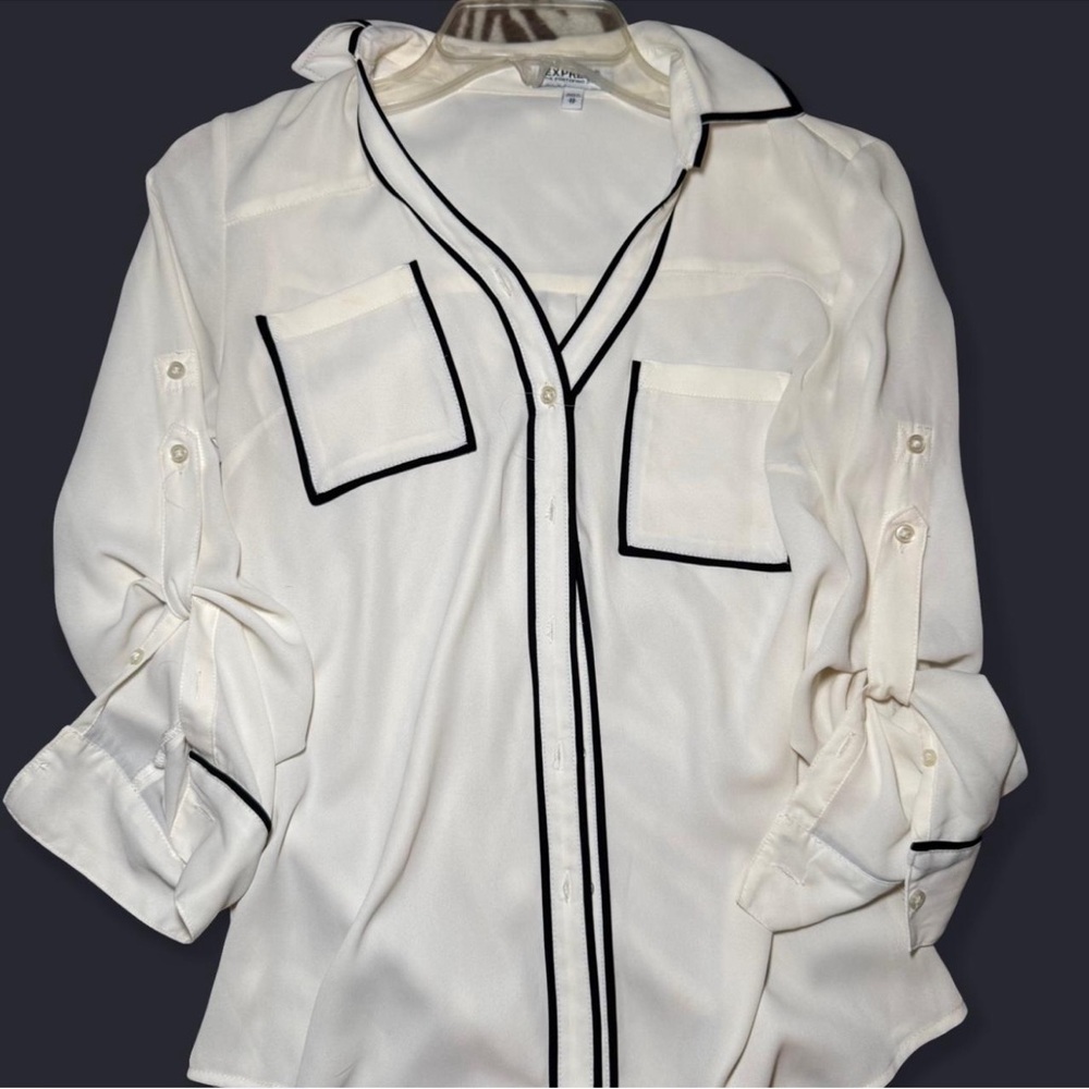 Express Ivory Button Down Shirt with Black Piping